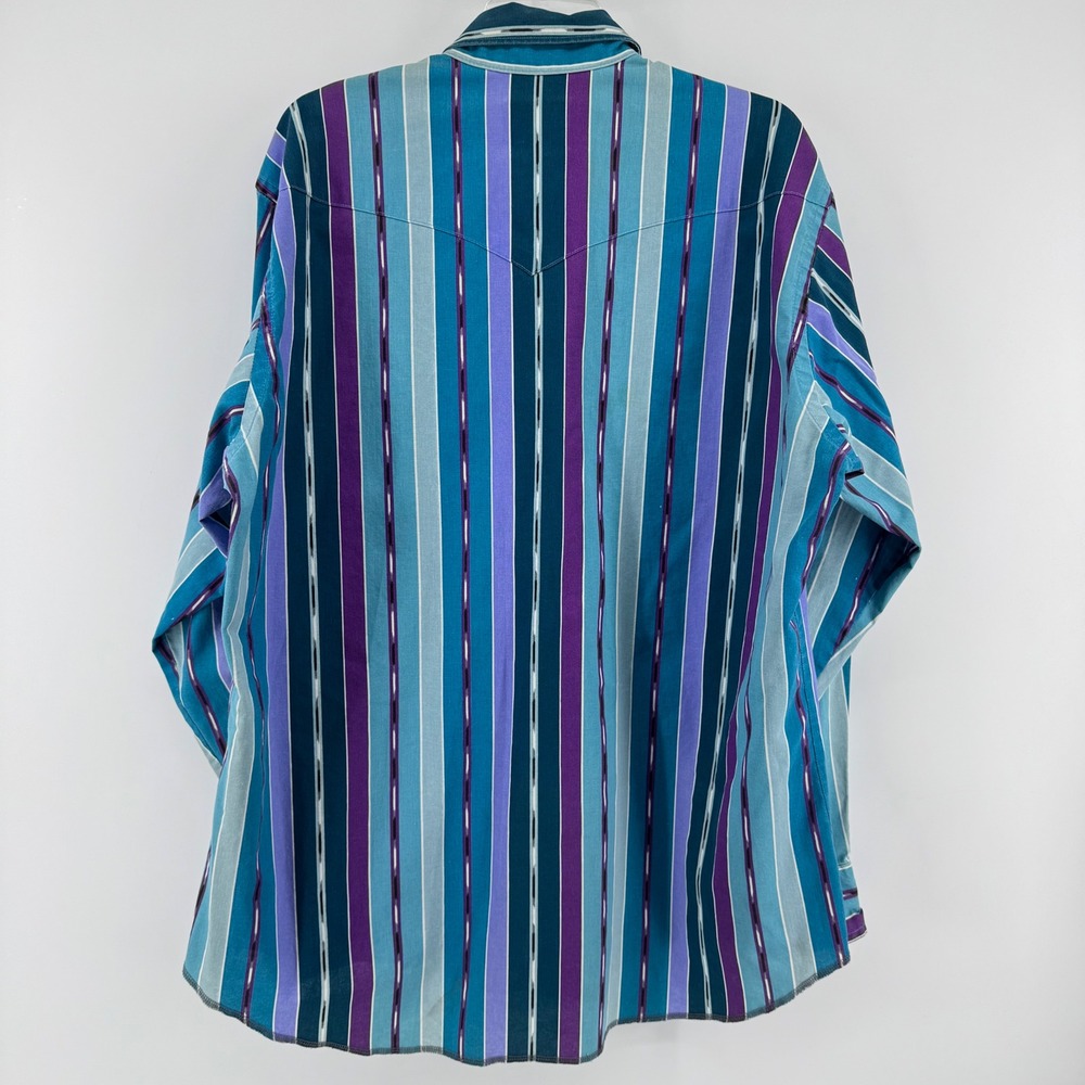 Wrangler Western Brushpopper Shirt Mens 17.5 Teal Purple Striped Cowboy Cut - Picture 3 of 10